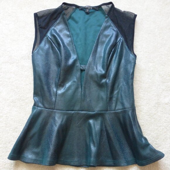 GUESS dark teal low cut peplum top with semi-sheer mesh - Picture 1 of 8
